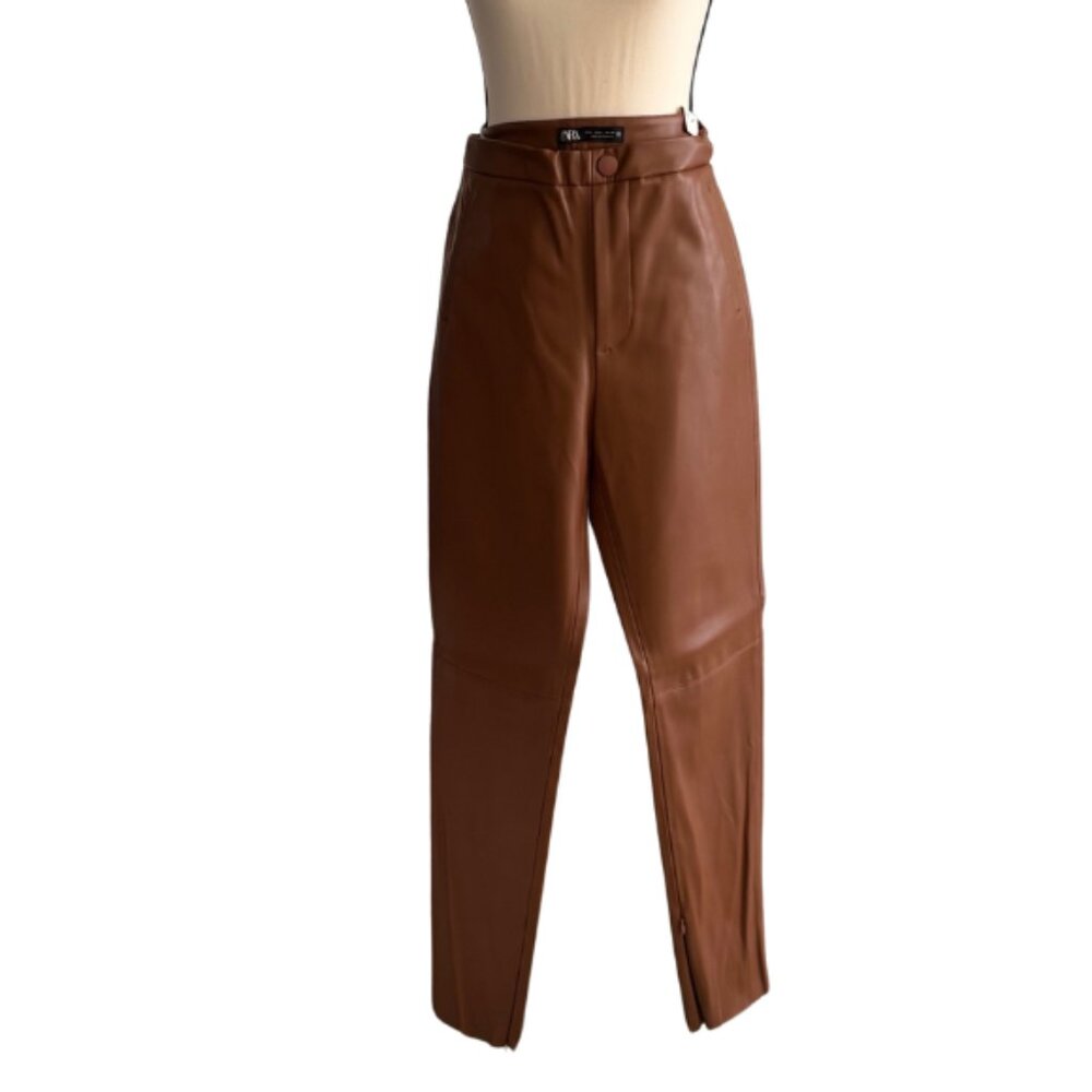 ZARA HIGH RISE FAUX LEATHER CAMEL BROWN LEGGING WITH ZIPPER ON THE HEM, SZ. L